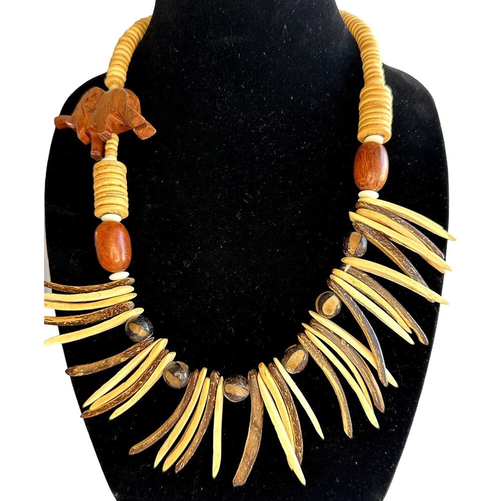 Primitive Wood Carved Beaded Bohemian Elephant African Safari Animal  Necklace